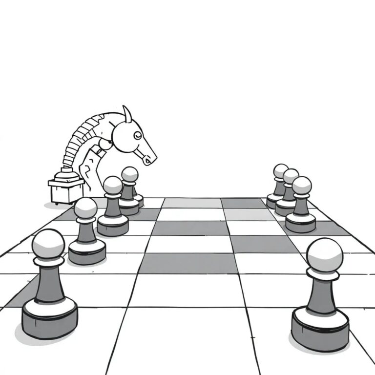 A chessboard with AI-controlled pieces on one side and human-controlled pieces on the other, where the AI pieces are rapidly advancing while the human pieces struggle to coordinate across different nations.