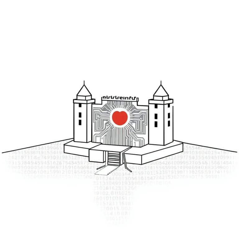 A digital fortress with a glowing AI circuit board as its heart, surrounded by a moat of encrypted code.