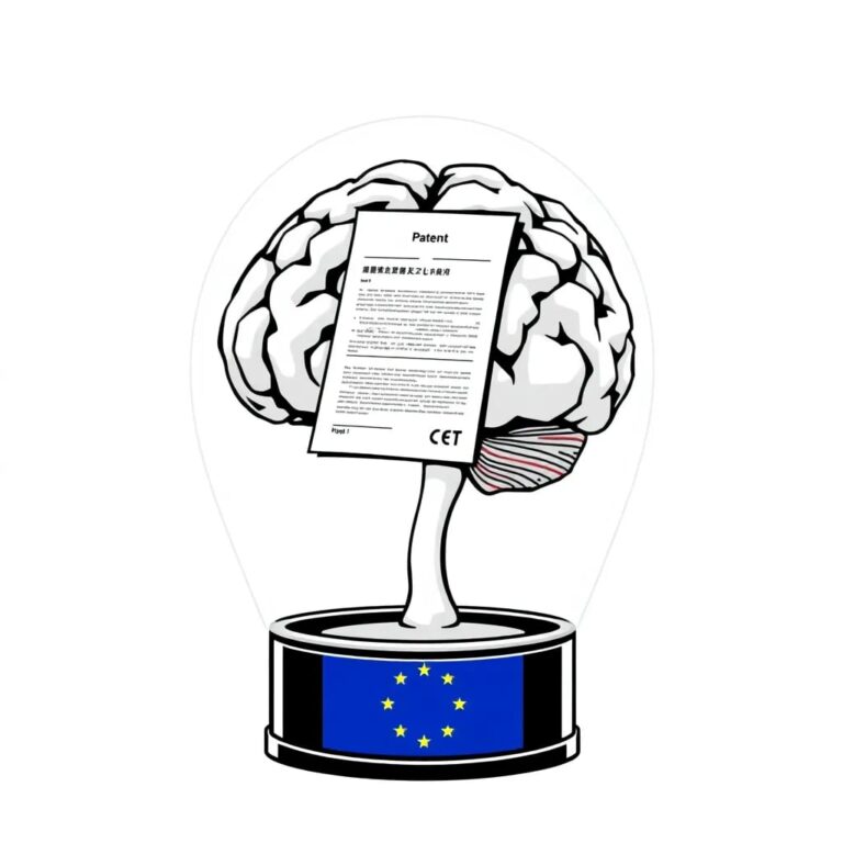 A futuristic, transparent AI brain encased in a glass dome, with a European Union flag subtly integrated into the base, and a patent document slowly scrolling across a digital display within the brain.