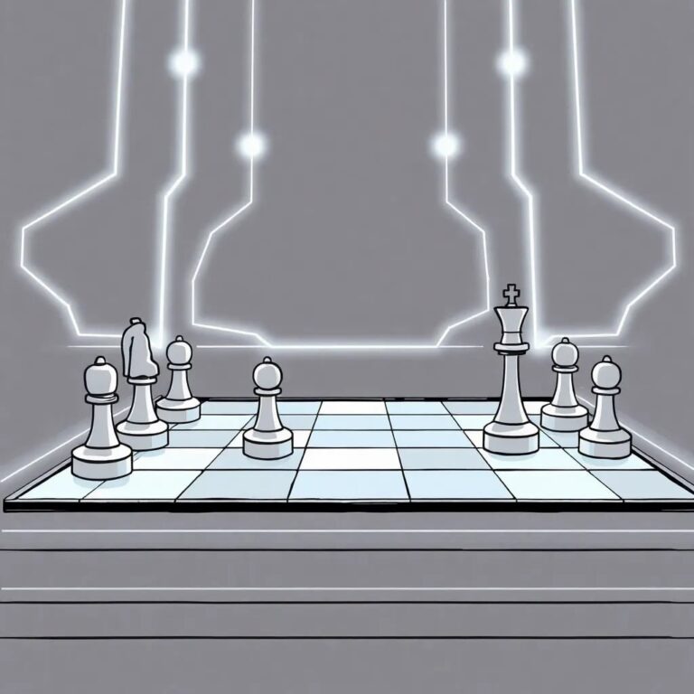 A futuristic, holographic chessboard where pieces move autonomously, representing the dynamic and intelligent decision-making processes driven by GenAI.
