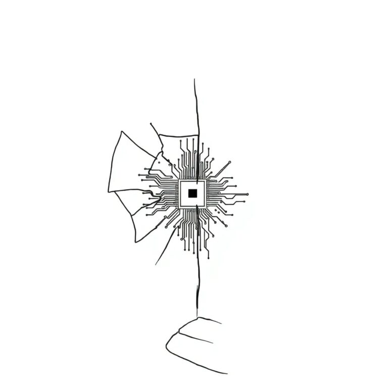 A shattered glass mirror reflecting a digital circuit board