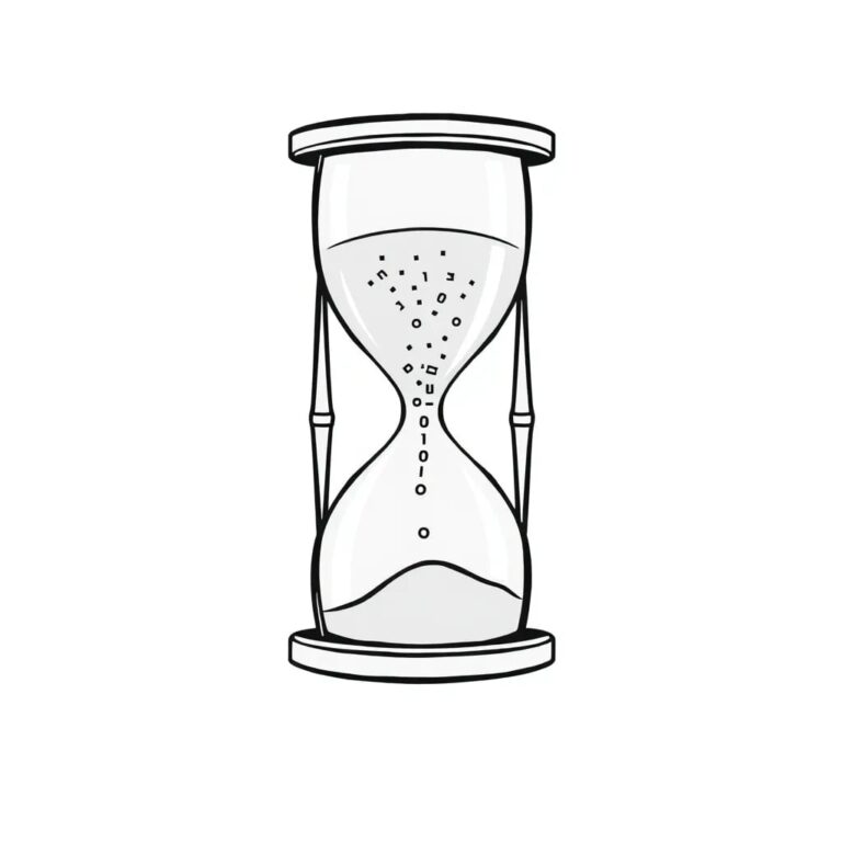 A digital hourglass with flowing binary code instead of sand