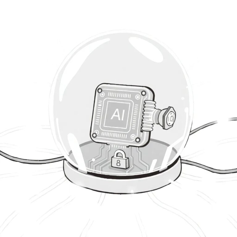 A high-tech, transparent AI chip encased in a glass dome, surrounded by a network of glowing, interconnected fiber optic cables, with a small, intricate lock mechanism on the side.