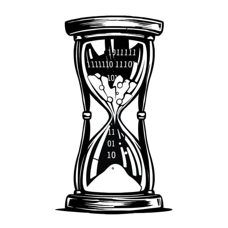 A shattered digital hourglass with binary code flowing through it