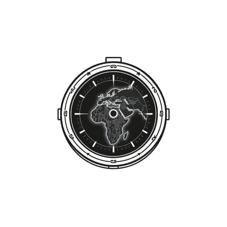 A futuristic, intricately designed compass with a digital display that shows a map of Morocco and 34 other countries, with a glowing AI circuit pattern on its face.