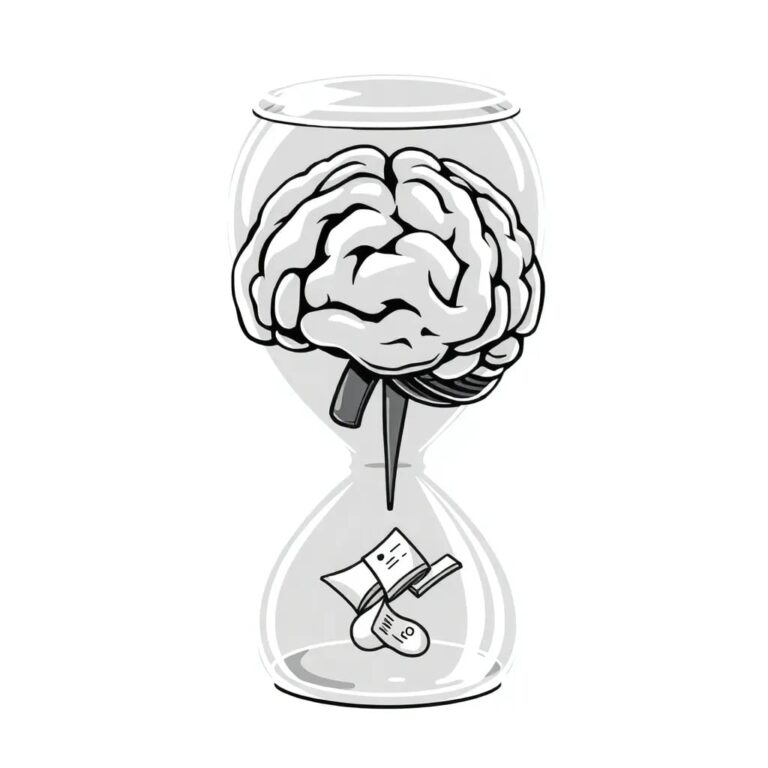 A futuristic, transparent AI brain encased in a glass hourglass with corporate documents flowing through it