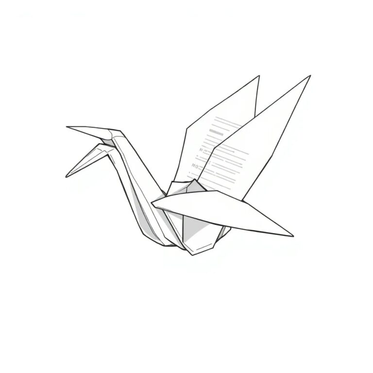 A futuristic, transparent AI-controlled origami crane that unfolds and refolds itself to represent different policy documents.