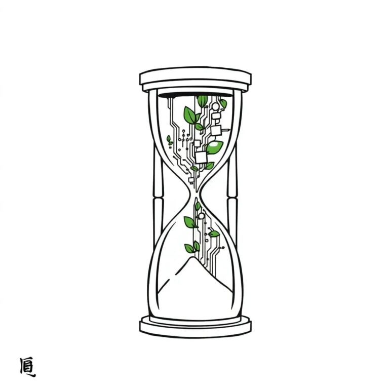 A dual-faced hourglass with one side filled with digital circuits and the other with green leaves