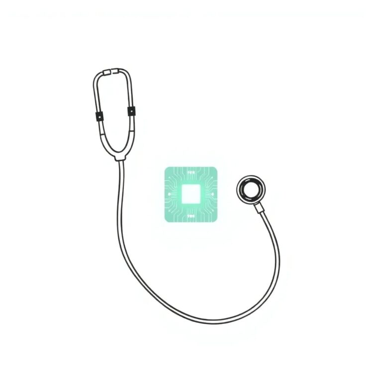 A digital stethoscope with a glowing AI circuit board embedded in its chest piece