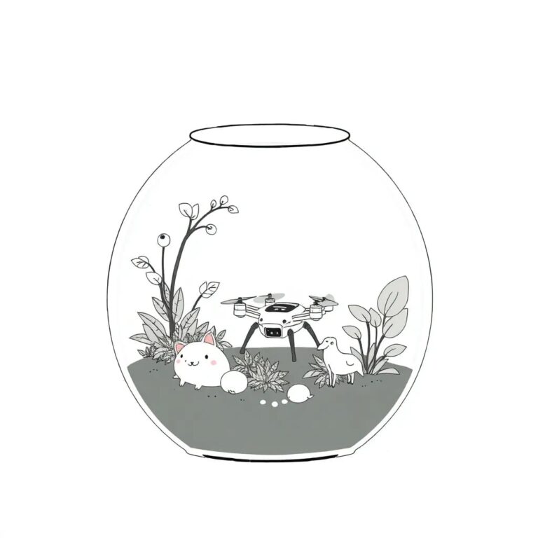 A glass terrarium filled with a miniature ecosystem where a small AI-controlled drone interacts harmoniously with living plants and animals.