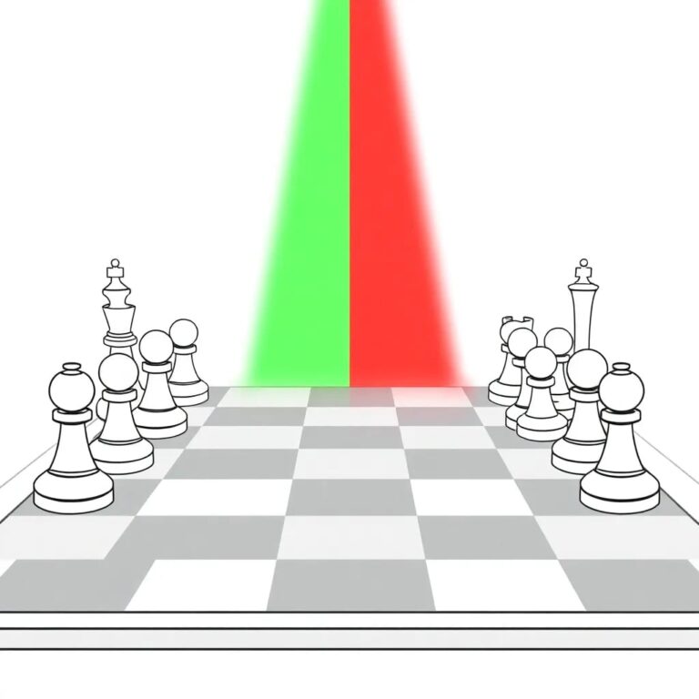 A chessboard with AI-controlled pieces facing off against human-controlled pieces, where one side of the board is illuminated by a green light and the other by a red light.