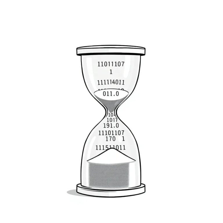 A futuristic, transparent hourglass filled with binary code instead of sand