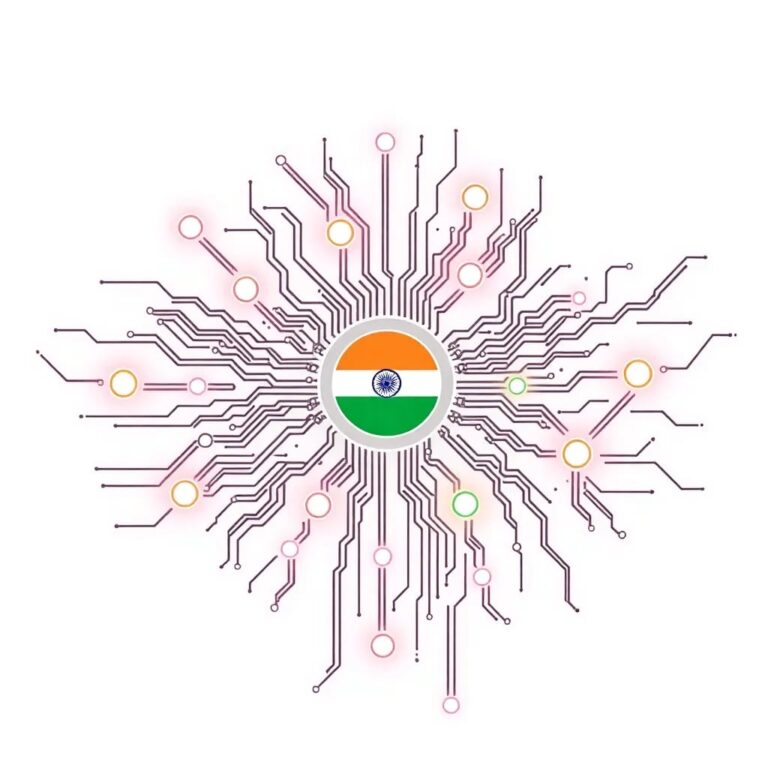 A futuristic, intricately designed digital circuit board with glowing nodes representing interconnected AI projects, each node pulsating with the colors of the Indian flag.