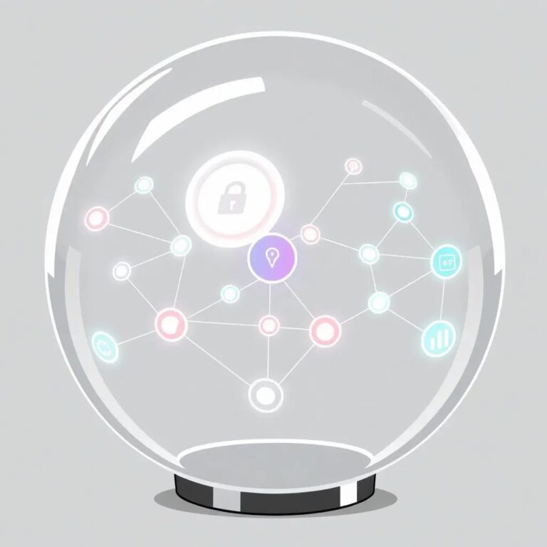 A holographic, ever-shifting network of interconnected nodes, each node pulsating with different colors representing various AI security protocols and governance measures, all contained within a transparent, futuristic glass orb.
