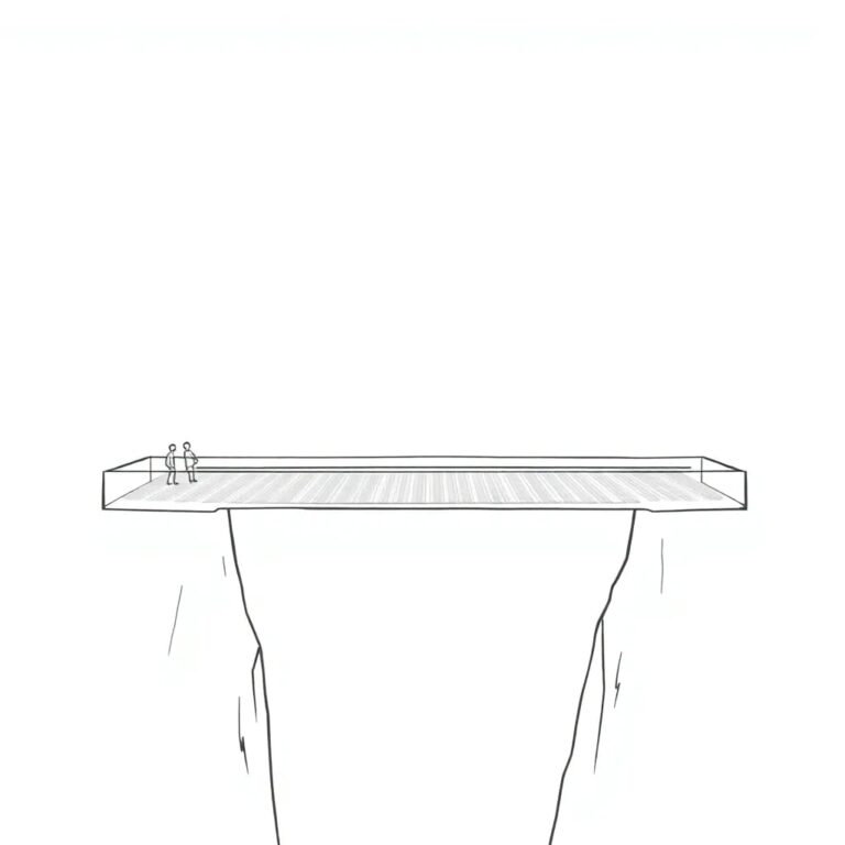 A futuristic, transparent glass bridge suspended over a digital abyss, with AI algorithms etched into the glass and a gap in the middle representing the governance gap.