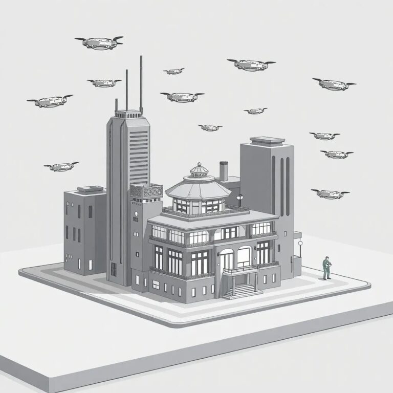 A futuristic, neon-lit cityscape model with AI-driven drones swarming around a miniature Governor's mansion