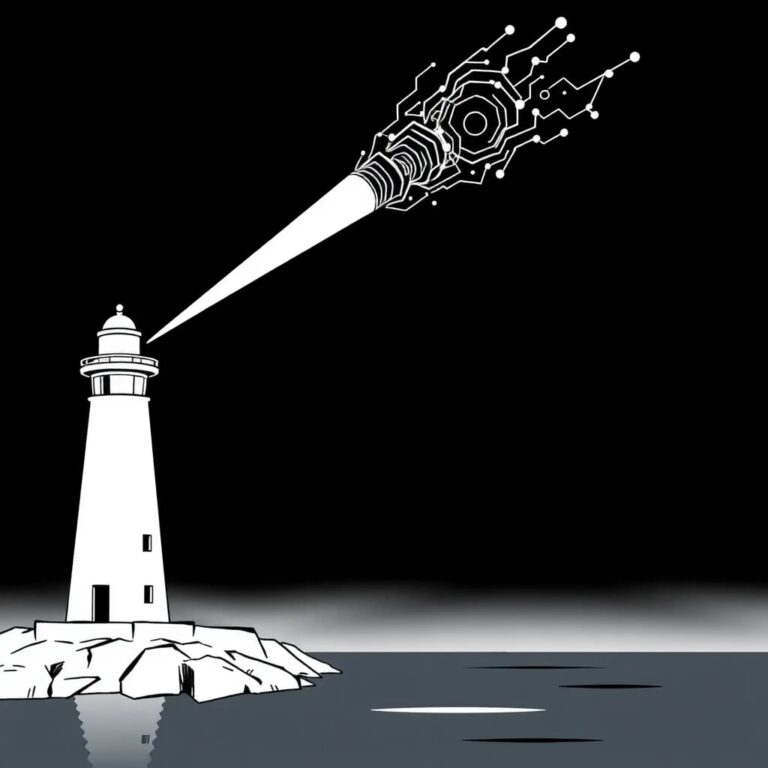 A futuristic lighthouse with a beacon that projects a dynamic, ever-changing AI algorithm pattern into the night sky