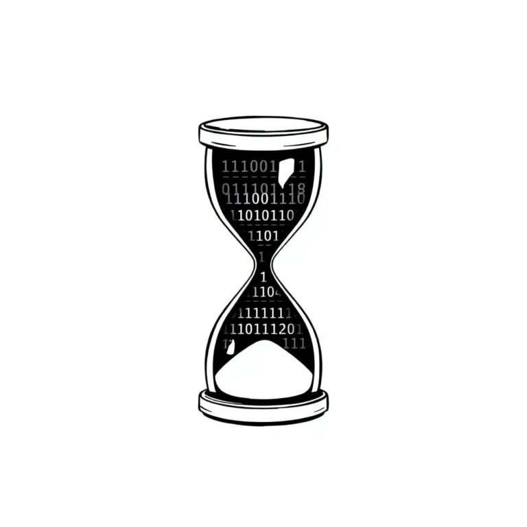 A digital hourglass filled with binary code