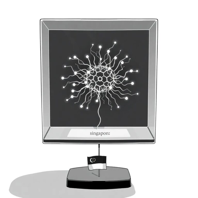A holographic, ever-shifting kaleidoscope of interconnected neural networks, encased in a transparent, lotus-shaped glass sculpture, with a small, intricately designed Singaporean flag at its base.
