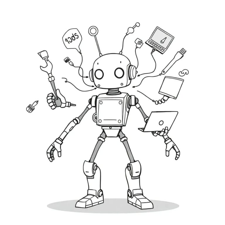 A dynamic, multi-armed robotic sculpture that continuously morphs into various job-related tools and symbols, such as a stethoscope, a wrench, a paintbrush, and a laptop, all interconnected by glowing circuits.