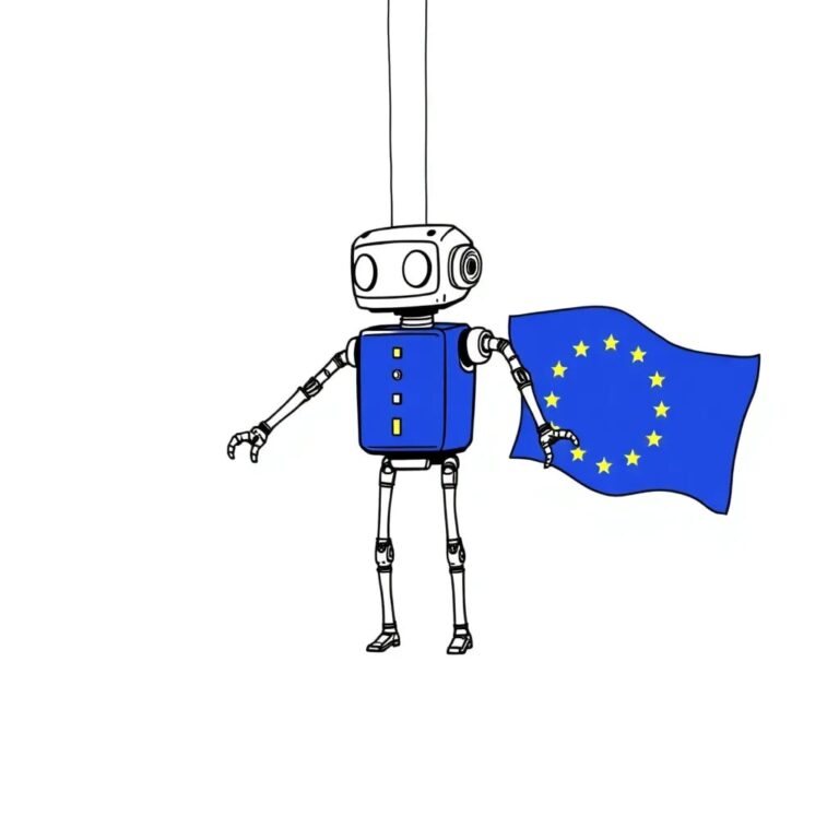 A mechanical puppet with a British flag and an EU flag as wings, controlled by a complex AI circuit board