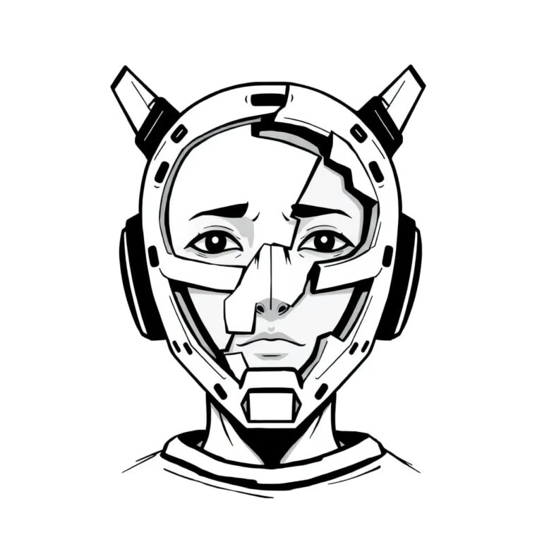 A shattered android mask with a human face underneath
