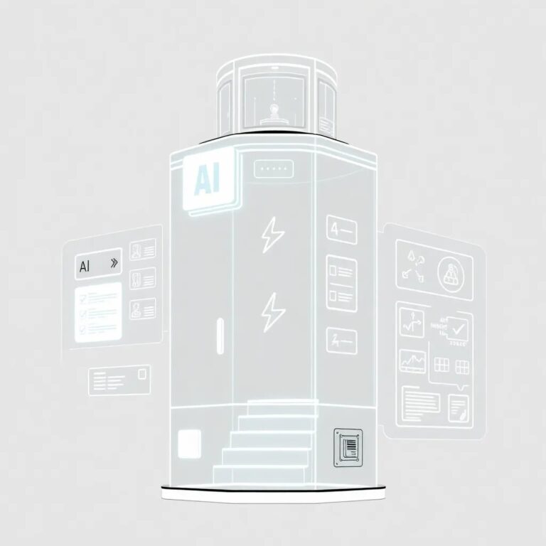 A futuristic, transparent AI control tower with integrated, glowing compliance checklists and risk assessment holograms