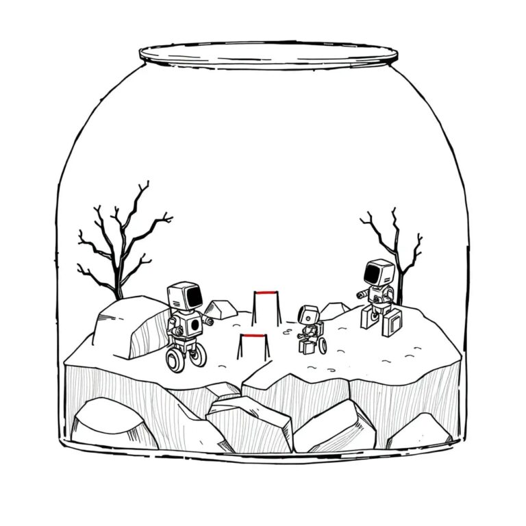 A glass terrarium filled with miniature AI robots navigating a landscape of ever-changing, programmable obstacles