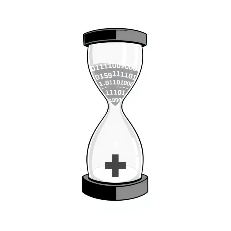 A digital hourglass with sand made of glowing binary code, slowly trickling into a medical cross-shaped base.