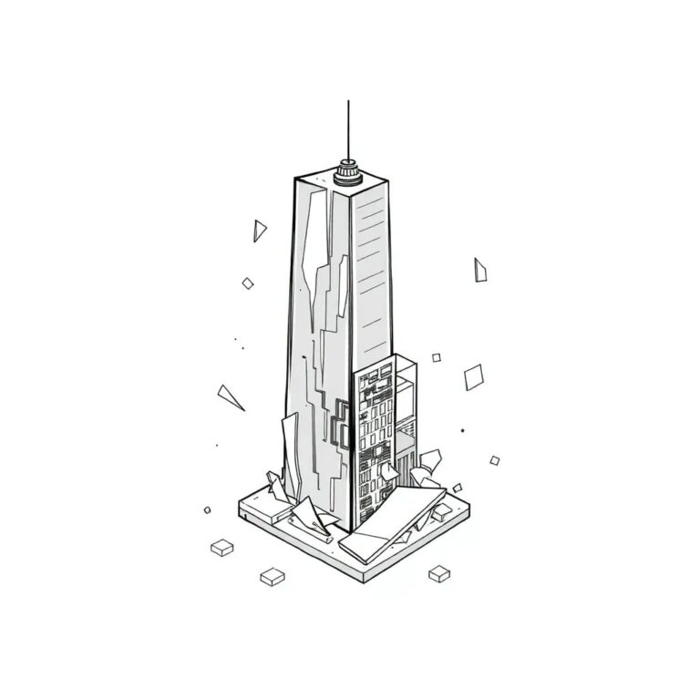A shattered glass skyscraper model with AI circuitry embedded within its fragments