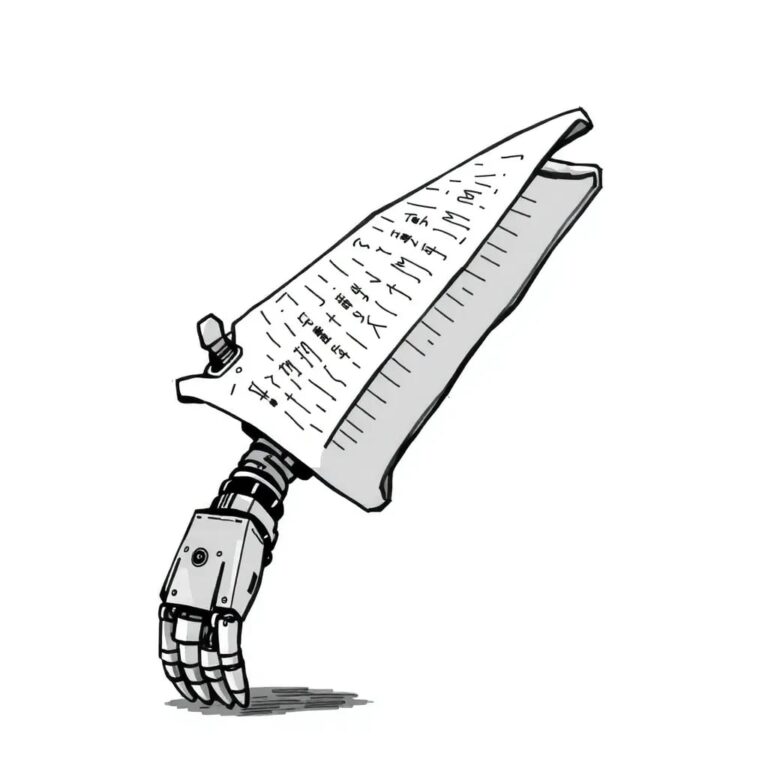 A rusted, abandoned robot arm holding a half-written scroll of code