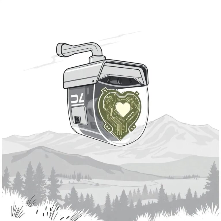 A futuristic, transparent AI-powered security camera with a glowing, pulsating circuit board heart, mounted on a vintage Montana landscape painting