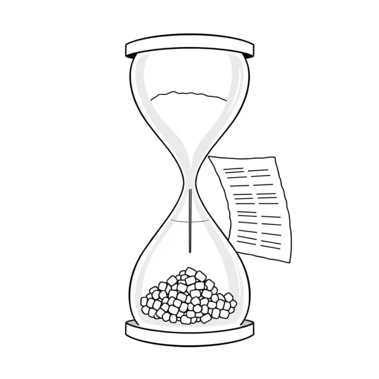 A dual-faced hourglass with one side filled with silicon chips and the other with legal documents, suspended in a delicate, transparent balance frame.