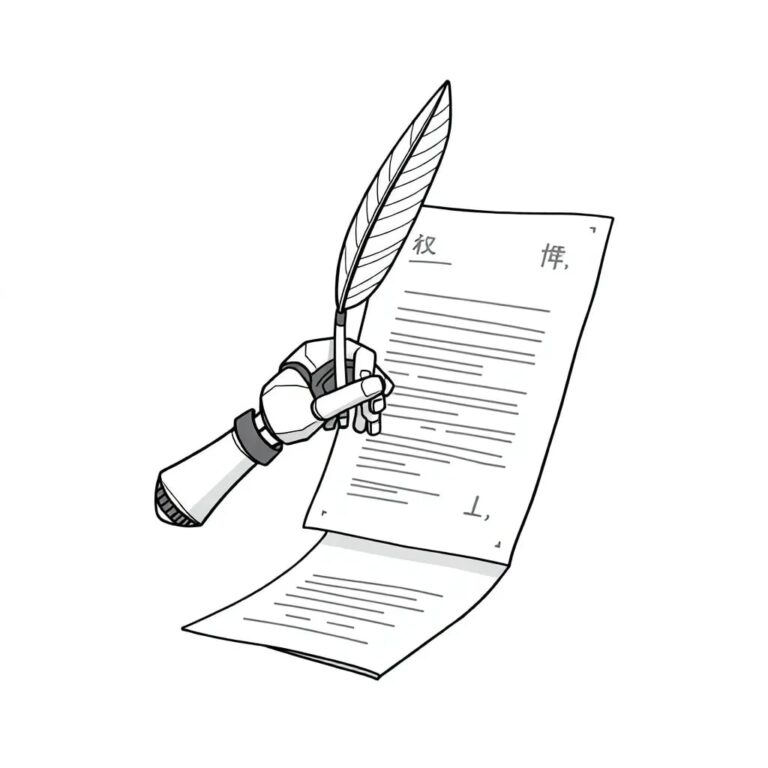 A robotic arm holding a quill pen poised over a patent document