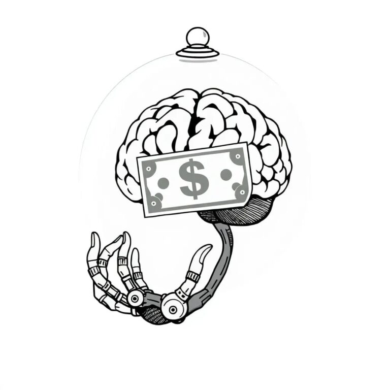 A futuristic, transparent AI brain encased in a glass dome, with a dollar bill gently floating inside and a small, intricate mechanical hand reaching out to grasp it.