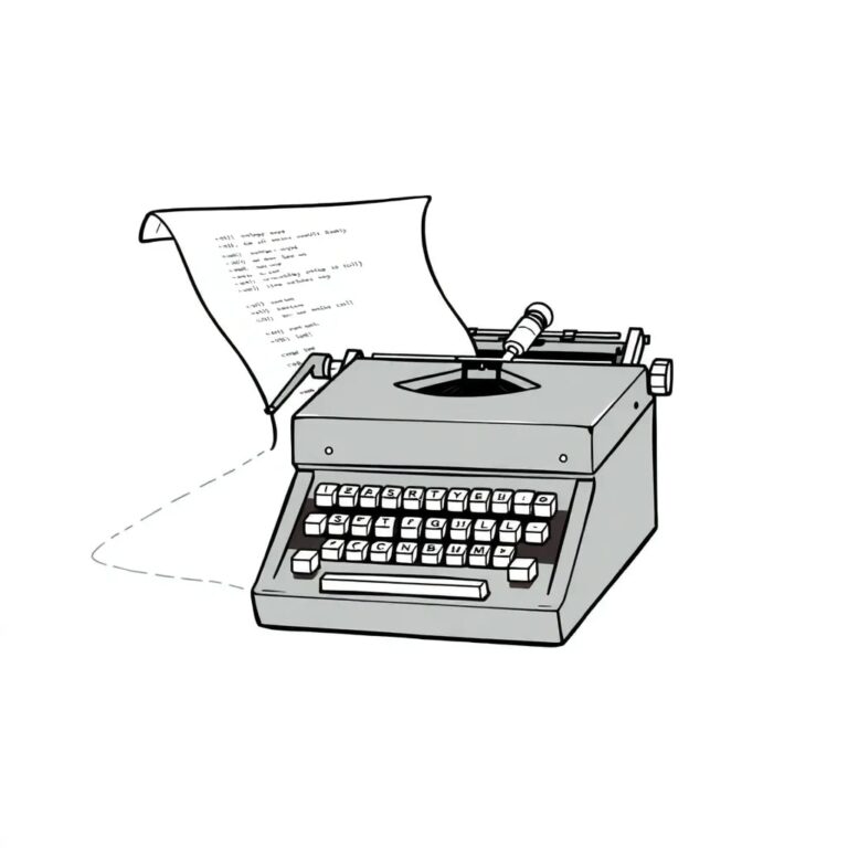 A vintage typewriter with a robotic arm typing on a scroll of digital code