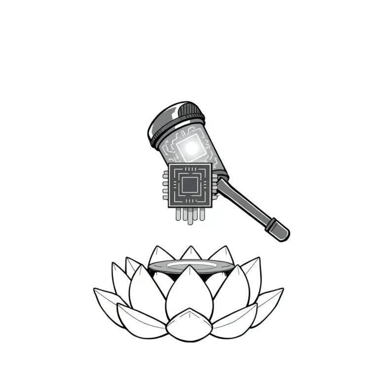 A futuristic gavel carved from a single, intricately programmed silicon chip, glowing with pulsating circuits, and balanced on a lotus flower pedestal.