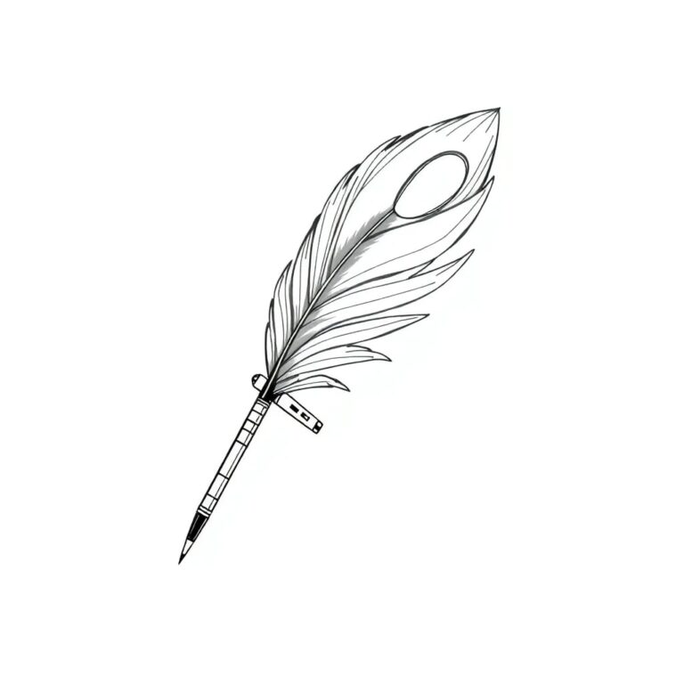 A cybernetic peacock feather quill pen with a digital display screen embedded in the shaft, writing code in real-time as it moves.