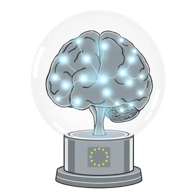 A futuristic, transparent AI brain with interconnected neural pathways, glowing softly with LED lights, encased in a glass dome with the EU flag subtly etched onto the base.