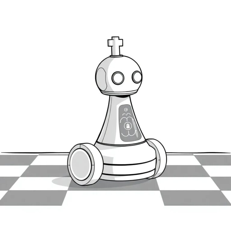 A self-propelled, autonomous chess piece that moves independently on a board, with glowing eyes and a small, pulsating AI core visible through a transparent casing.