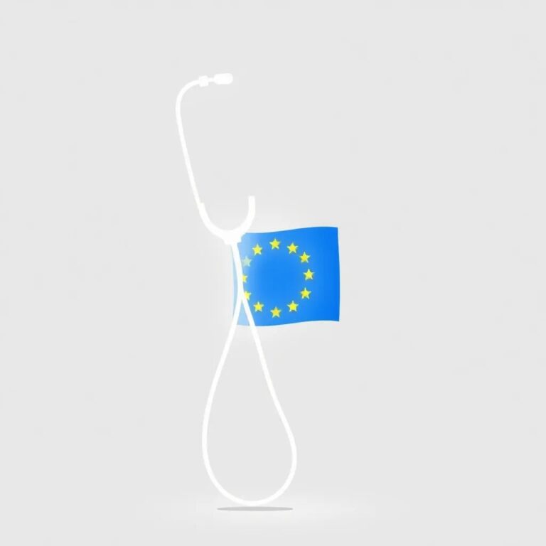 A holographic stethoscope with integrated circuit boards and a glowing European Union flag