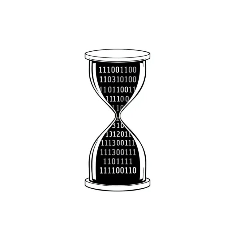 A digital hourglass filled with binary code