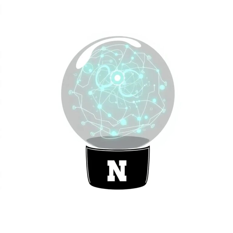 A futuristic, transparent globe filled with swirling, luminescent algorithms, suspended in a glass chamber with the University of Nebraska's logo etched onto the base.