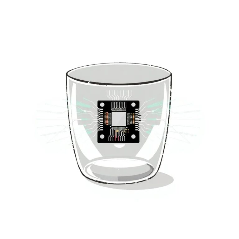 A glass prism with a digital circuit board embedded within it, refracting light into a spectrum of colors that form a dynamic, ever-changing pattern.