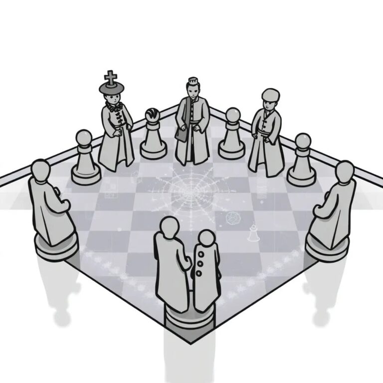 A holographic chessboard with pieces that morph between traditional figures and digital avatars