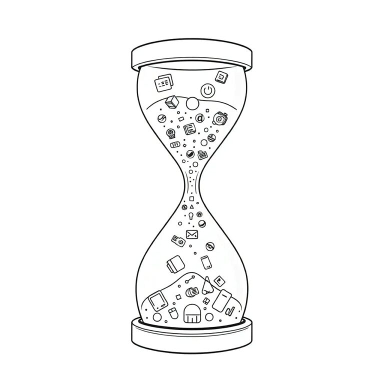 A futuristic, intricately designed hourglass with AI-generated sand particles that shift and reform into various technological icons and symbols as they flow.