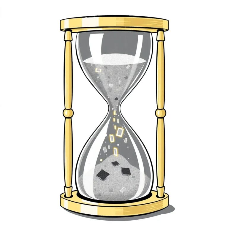 A golden hourglass with a digital circuit board embedded in its glass, where the sand is replaced by tiny, glowing AI microchips that flow from the past to the future.