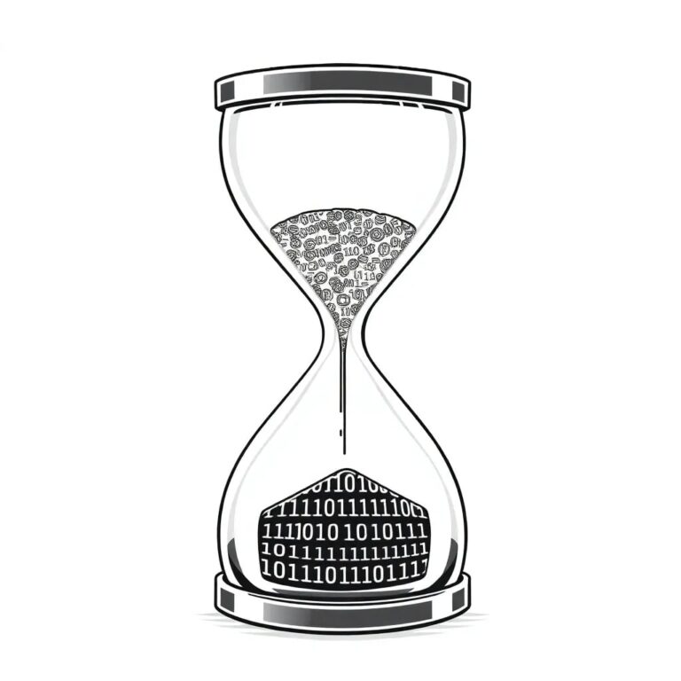 A digital hourglass filled with binary code, slowly draining into a transparent AI processor