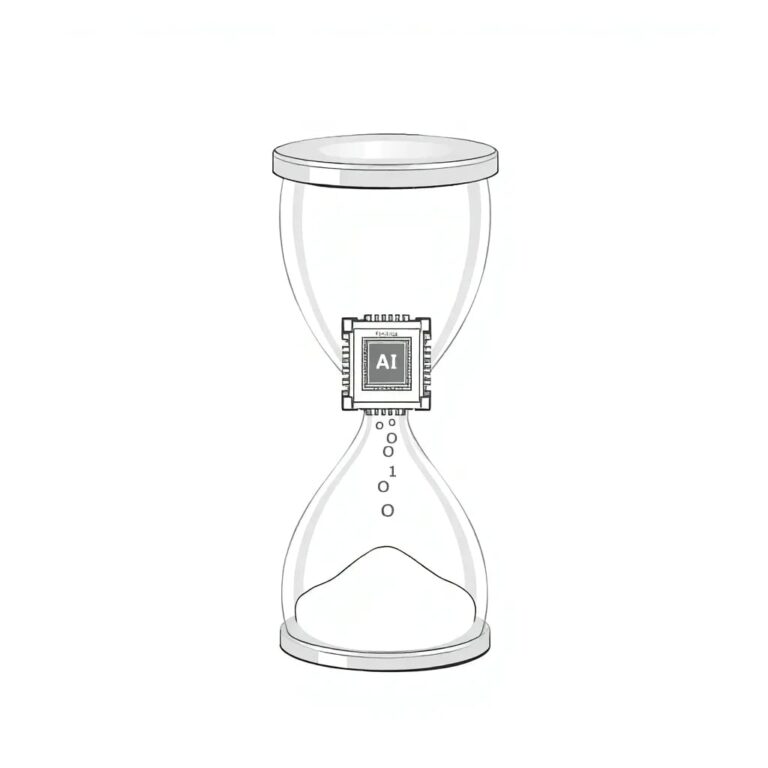 A futuristic, transparent AI processor chip embedded in a crystal clear, hourglass-shaped glass container, with binary code flowing like sand through it.