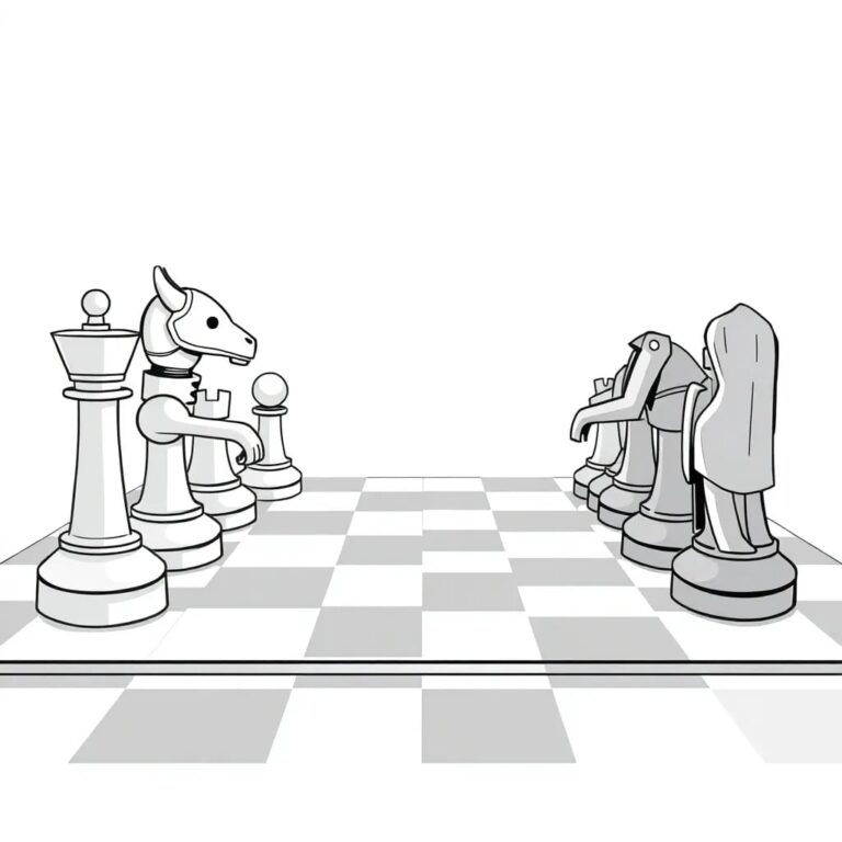 A chessboard with AI-controlled pieces facing off against human-controlled pieces, where the AI pieces are made of sleek, futuristic metal, and the human pieces are traditional wooden carvings.